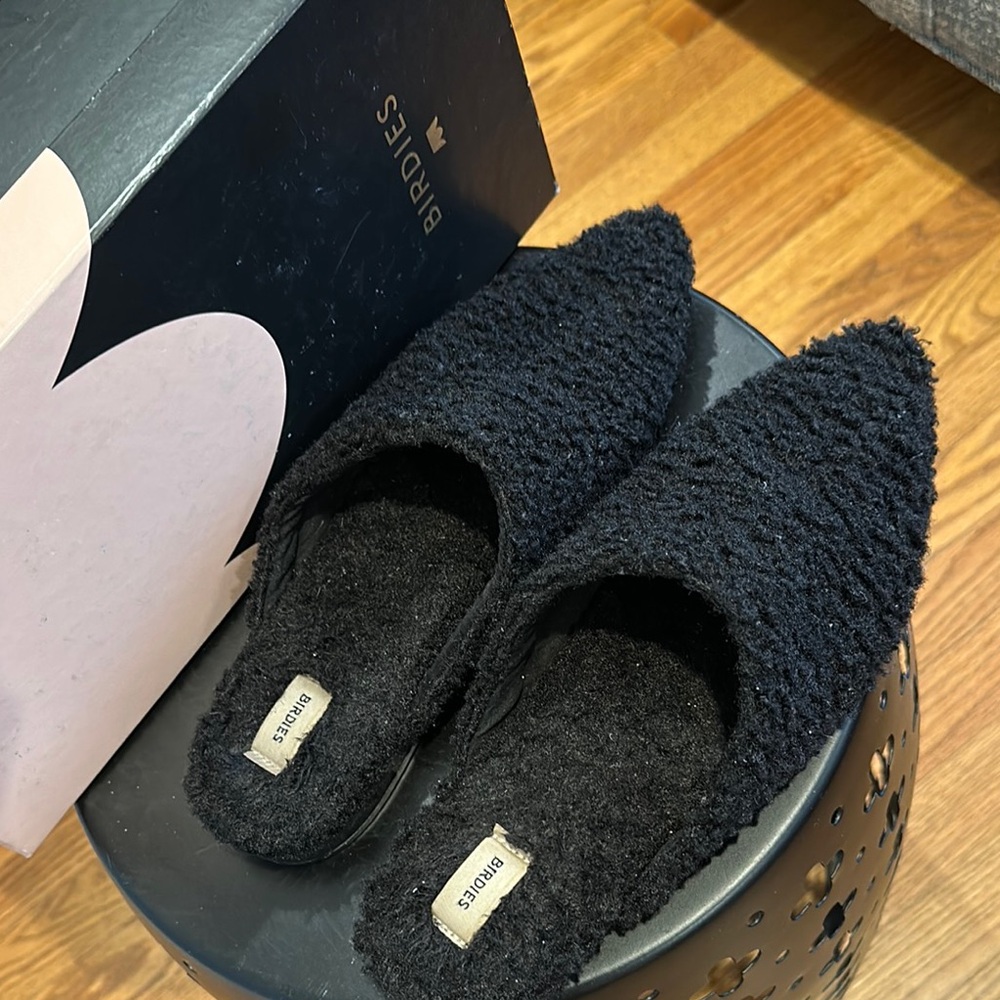 Birdies “The Lark” Black Shearling Fuzzy Slide Mules